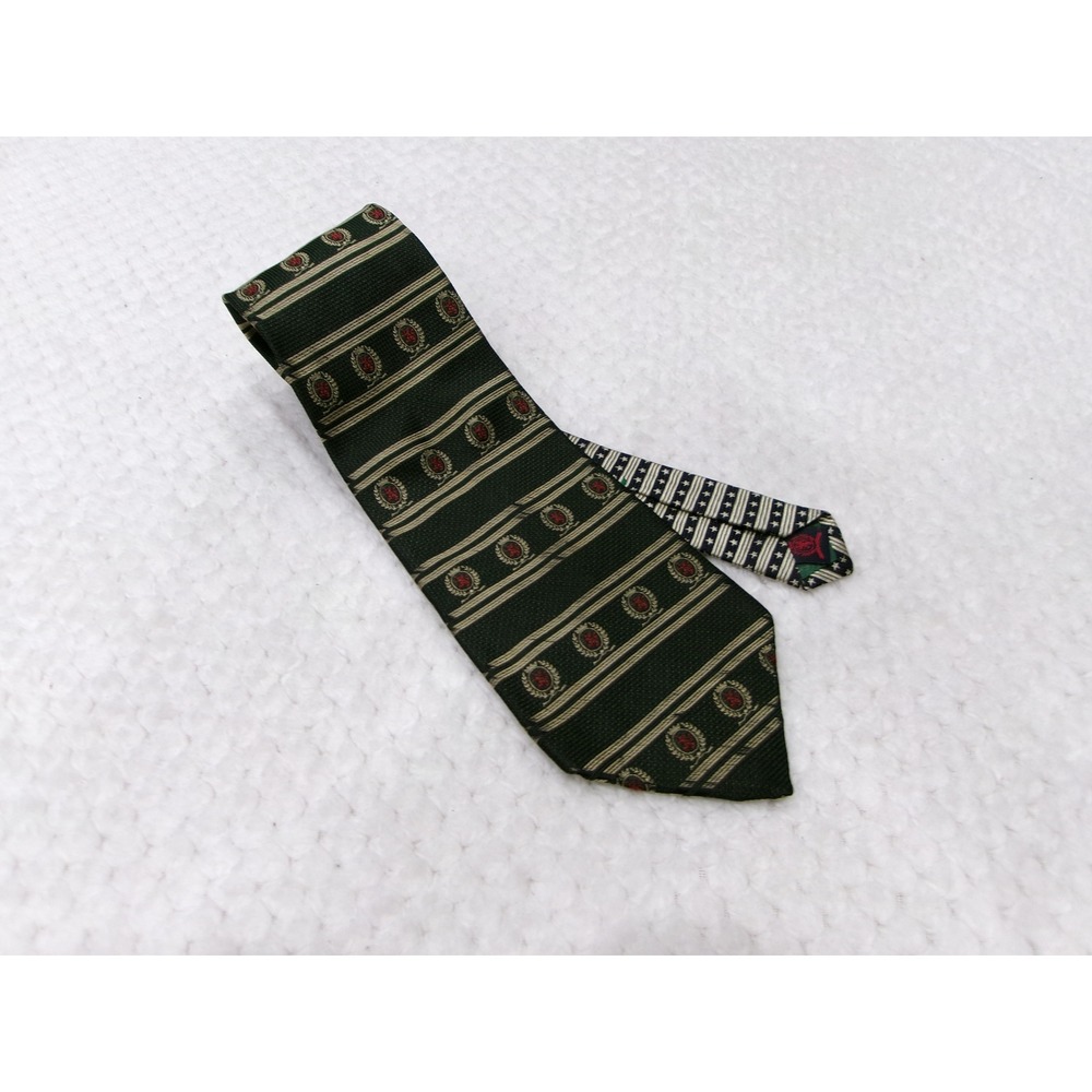 Tommy Hilfiger Mens 4"x59" Tie Green Striped Crest Lion Italian Silk‎ USA Made